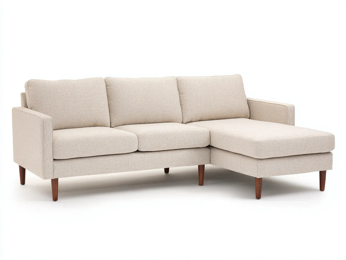 Divano angolare da soggiorno 245×160×84 cm - tessuto beige e legno marrone - stile moderno con chaise longue