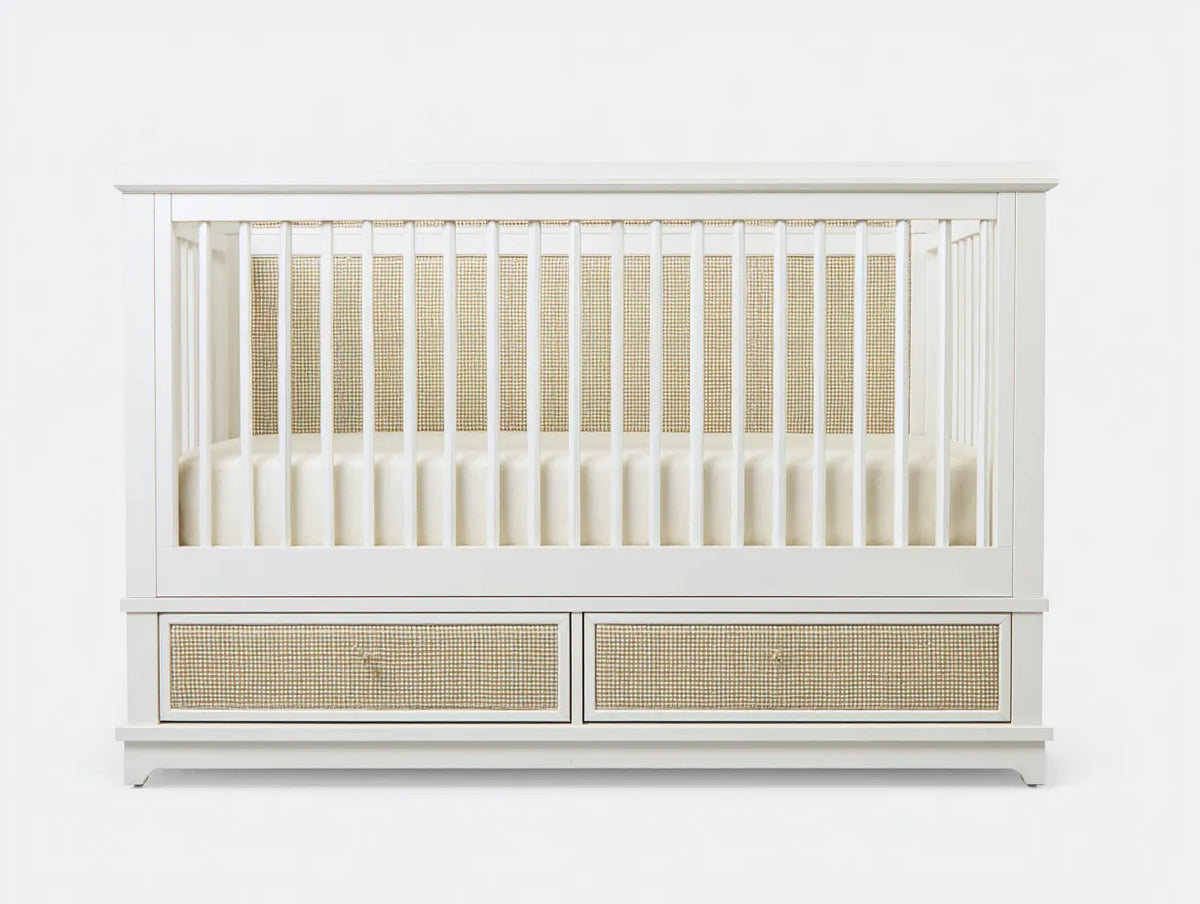 Culla in legno 145×80×118 cm - bianco e beige - con contenitore inferiore