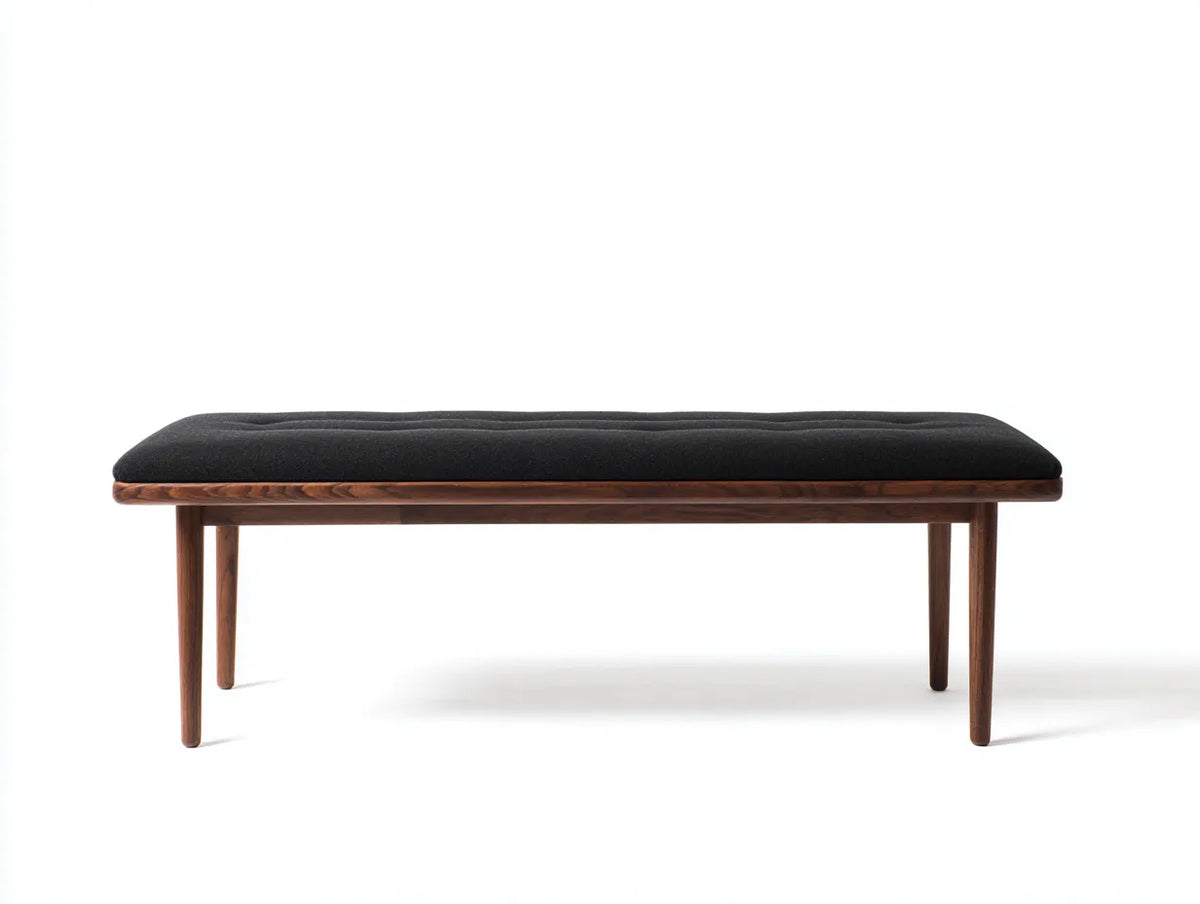 Panca da camera da letto 152×44×46 cm in tessuto nero e legno marrone - seduta capitonné dal profilo essenziale