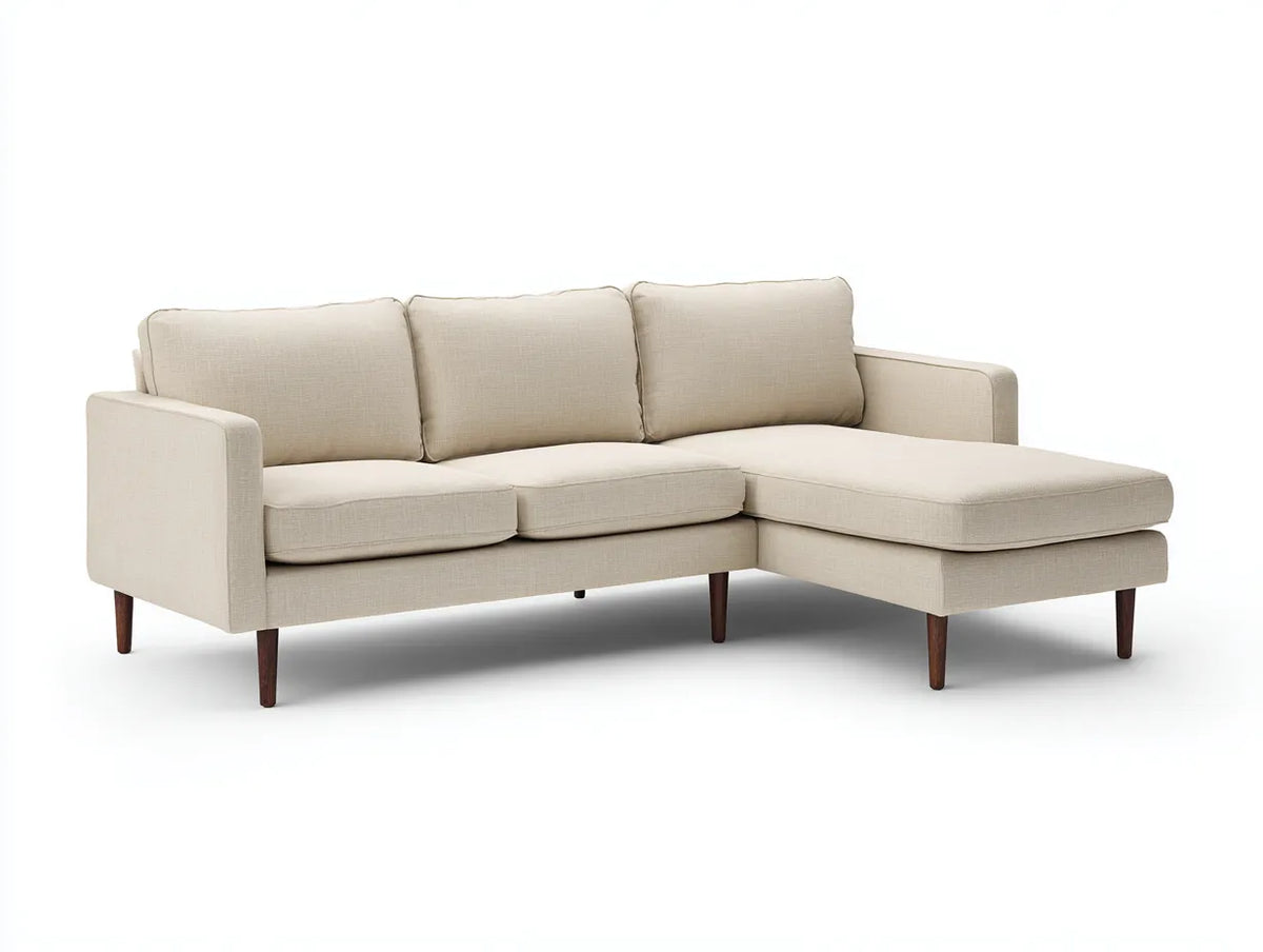 Divano angolare da soggiorno 238×158×83 cm - tessuto beige e legno marrone - stile nordico con chaise longue
