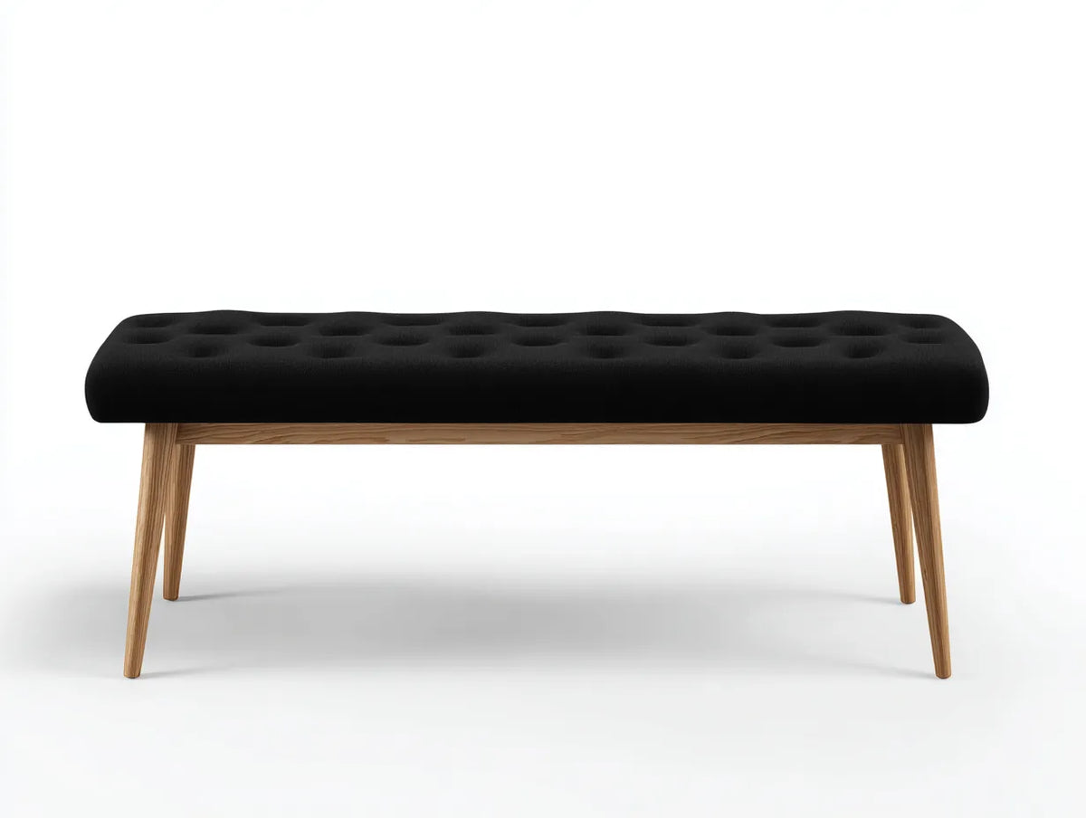 Panca imbottita 150×42×45 cm - tessuto nero e legno naturale - design moderno per camera da letto