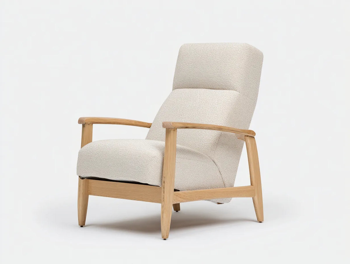 Poltrona reclinabile da soggiorno 72×86×101 cm - tessuto beige e legno naturale - stile nordico con schienale alto
