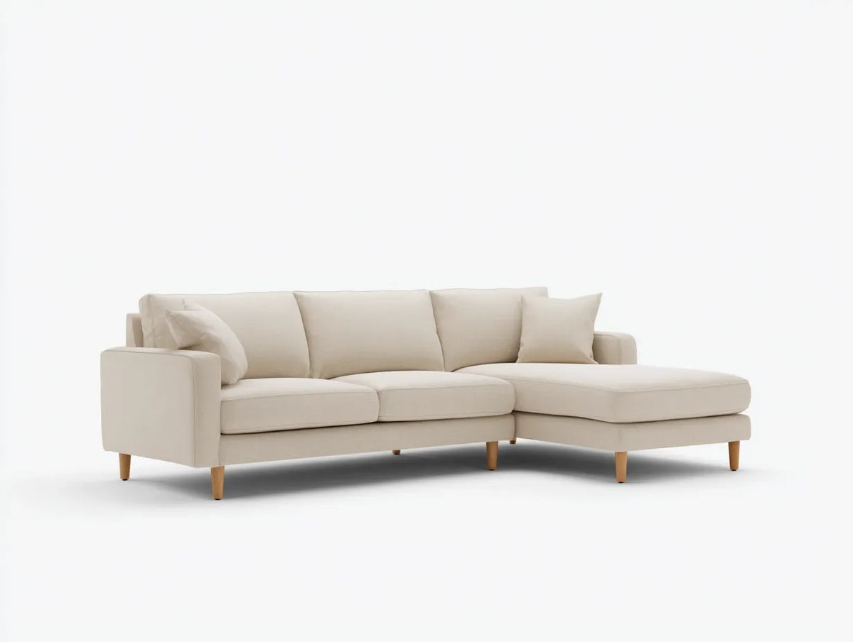 Divano 245×158×84 cm - tessuto beige e legno naturale - design moderno con chaise longue per soggiorno