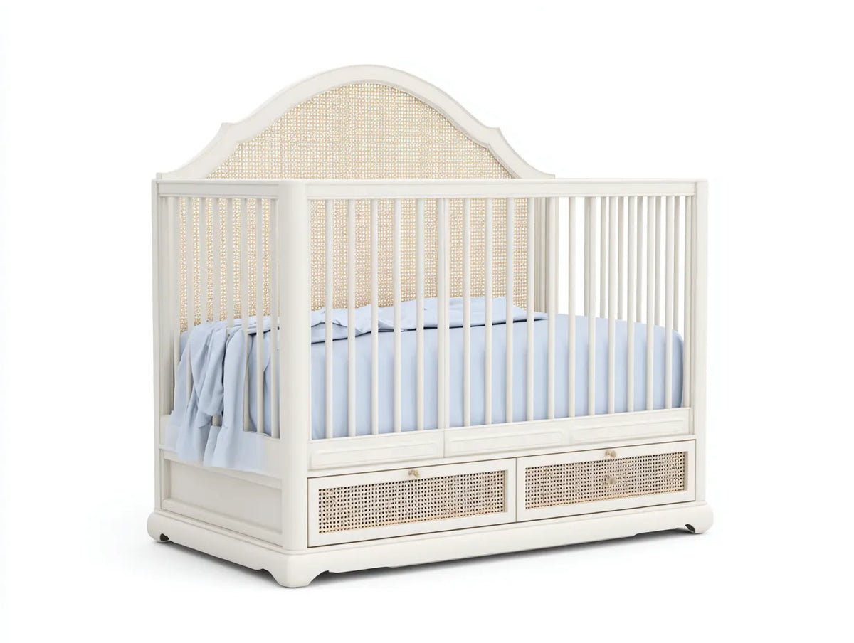 Culla in legno 148×82×132 cm - bianco e beige - con contenitore inferiore