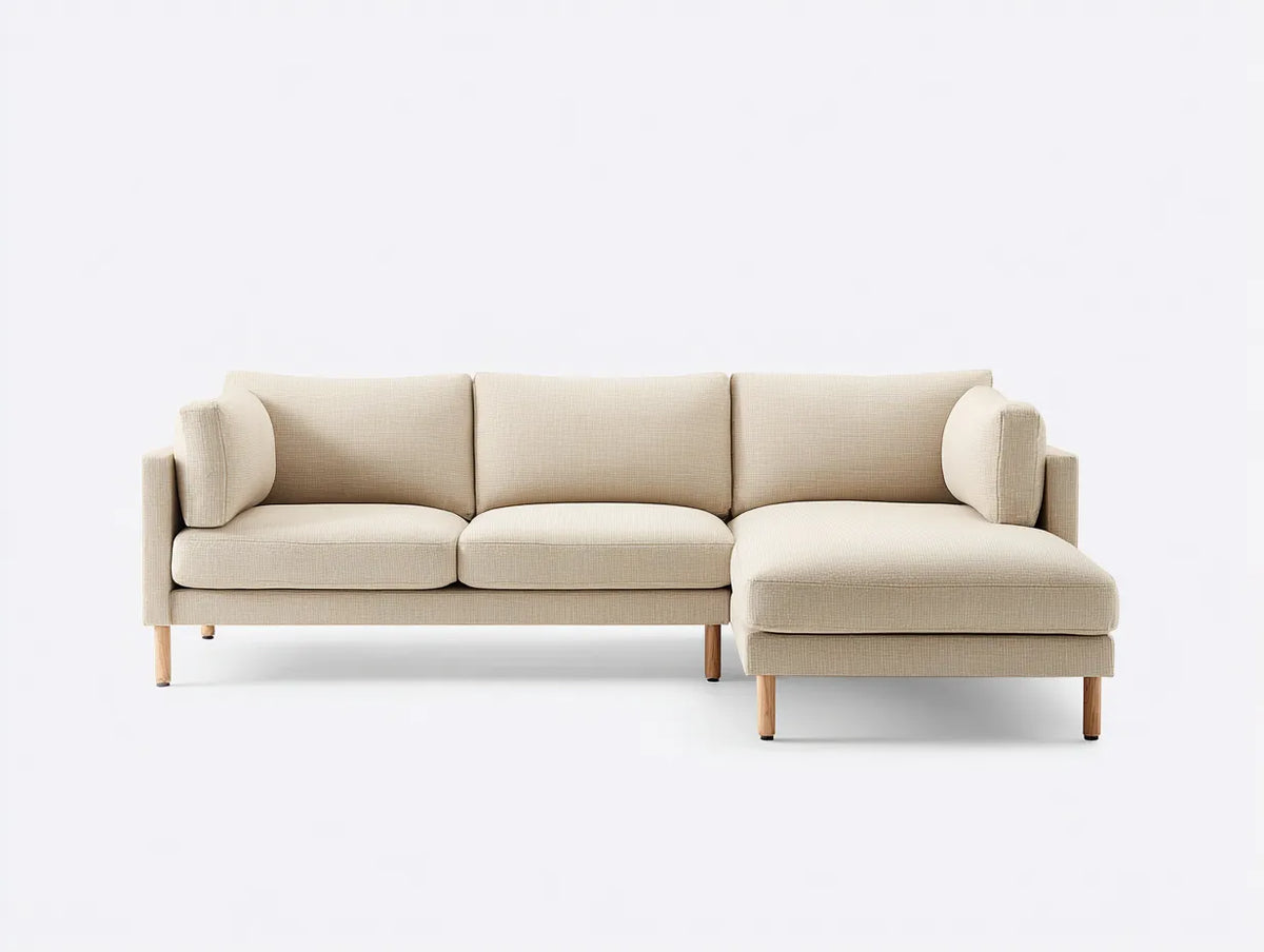 Divano angolare da soggiorno 240×162×82 cm - tessuto beige e legno marrone - stile contemporaneo con chaise longue