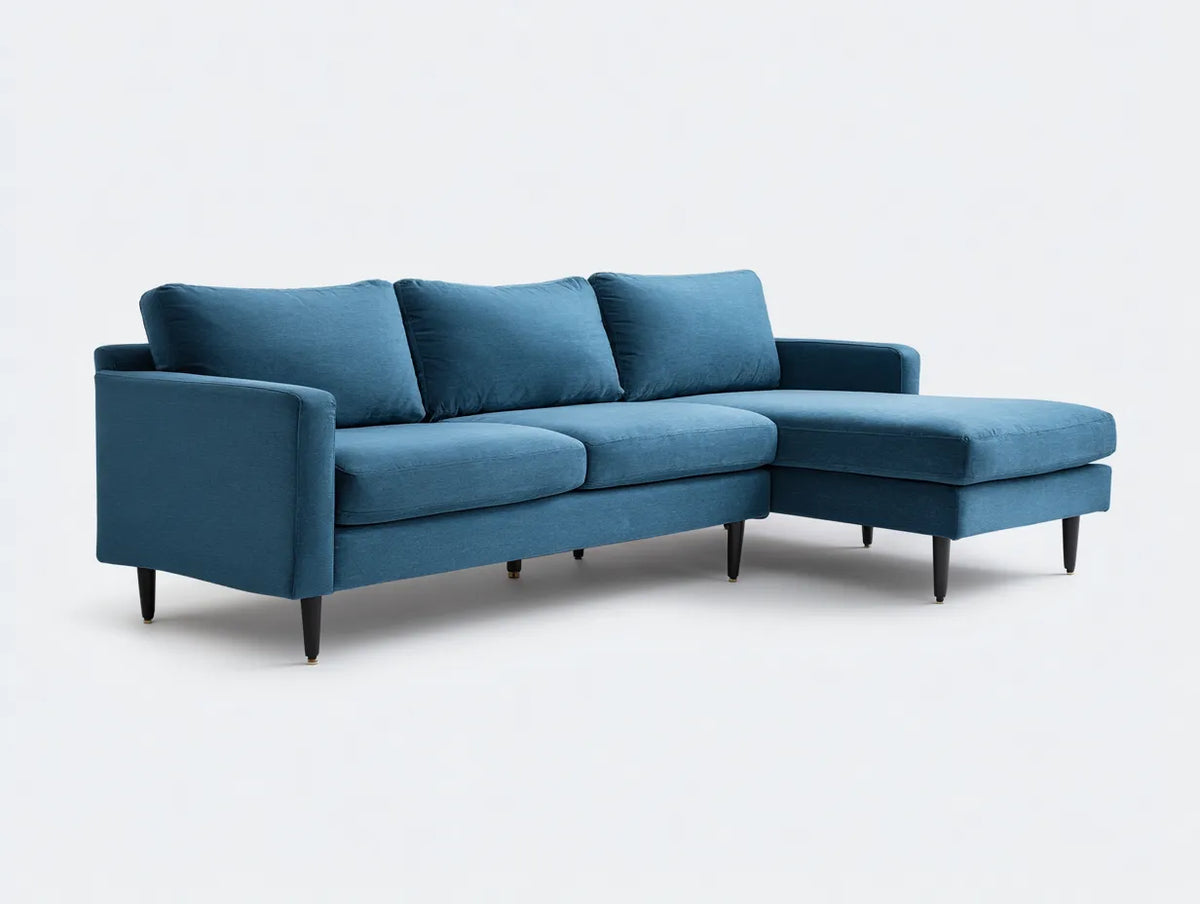 Divano 248×160×86 cm - tessuto blu e metallo nero - design moderno con chaise longue per soggiorno